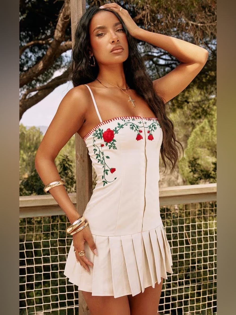 EGO Cream Strapless Dress with Red Rose Embroidery